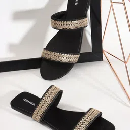 Anouk Black Embellished Open Toe Flats-19