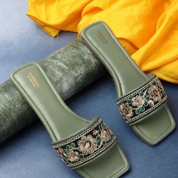 Anouk Olive Green & Gold Toned Emebllished Embroidered Open Toe Flats-43