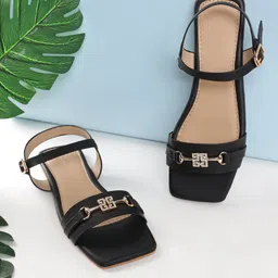Truffle Collection Buckle Detailed Open Toe Flats-10