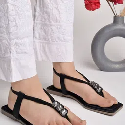 Shoetopia Embellished Open Toe T-Straps Flats-15