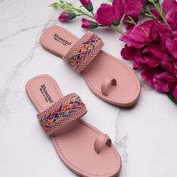 Shoestail Women Peach-Colored Embellished One Toe Flats-image-73
