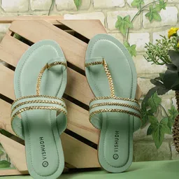 Vishudh Women Sea Green Embellished One Toe Flats-image-5