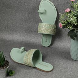 Vishudh Women Sea Green Embellished One Toe Flats-42