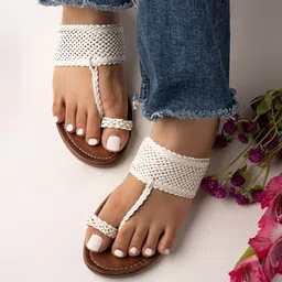 Shoetopia Women White Woven Design Synthetic One-Toe Flats-image-11
