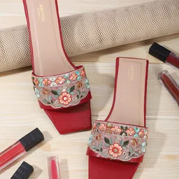 Anouk Red & Green Ethnic Embroidered Open Toe Flats-picture-14