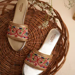 Anouk Gold Toned & Pink Embroidered Open Toe Flats-17