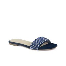 London Rag Women Navy Blue & Grey Embellished Suede Open Toe Flats-13