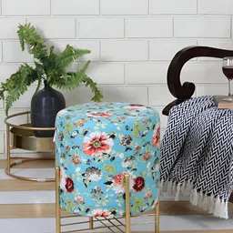 Shadowkart Turquoise Blue & Black Floral Printed Round-Shaped Velvet Sitting Ottoman-36
