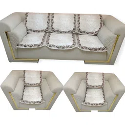 MONKDECOR Cream-Coloured & Brown Printed Velvet Sofa Cover-9
