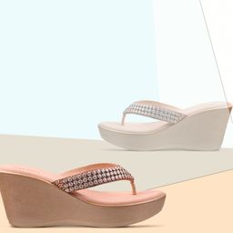 Metro Gold-Toned Embellished Ethnic Wedge Heels-18