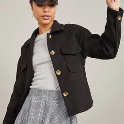 Styli Women Black Short Length Patch Pocket Detail Wool Jacket-image-58