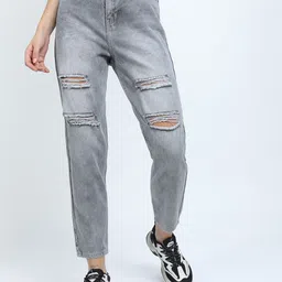 Tokyo Talkies Women Grey Highly Distressed Mom Fit Heavy Fade Cotton Jeans-image-57
