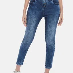People Women Navy Blue High-Rise Heavy Fade Cotton Cropped Jeans-picture-7