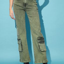 STREET 9 Women Green Heavy Fade Clean Look High-Rise Pure Cotton Wide Leg Cargos-image-90