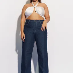 FREAKINS Women Plus Size Blue High-Rise Straight Fit Cotton Jeans-14