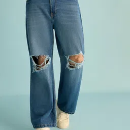 FREAKINS Men Wide Leg High-Rise Slash Knee Light Fade Pure Cotton Jeans-image-99