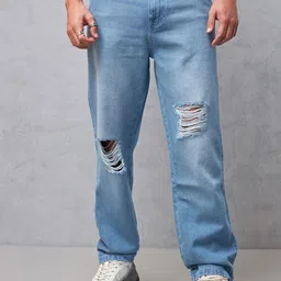 Bewakoof Men High-Rise Mildly Distressed Light Fade Organic Cotton Baggy Jeans-image-81