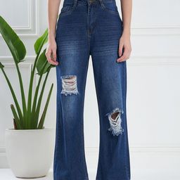 KASSUALLY Women Navy Blue Flared Mildly Distressed Light Fade Pure Cotton Jeans-image-50
