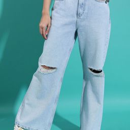 Tokyo Talkies Women Blue Wide Leg Mid-Rise Slash Knee Cotton Jeans-image-68