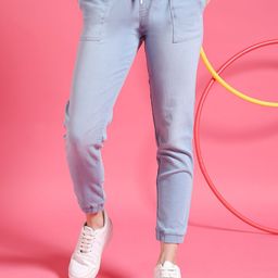 Freehand by The Indian Garage Co Women Blue Heavy Fade Mid-Rise Stretchable Jogger Jeans-image-72