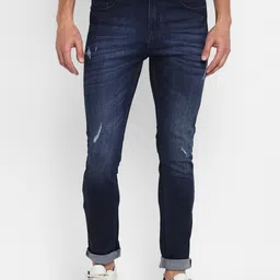 Routeen Men Blue Slim Fit Low Distress Light Fade Stretchable Jeans-picture-29