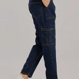 Snitch Men Blue Relaxed Fit Low Distress Cotton Cargo Jeans-image-92