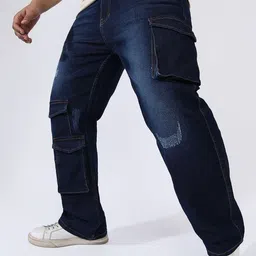 Instafab Men Plus Size Relaxed Fit Light Fade Low Distress Cargo Style Jeans-30