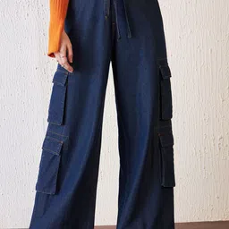 Antheaa Blue Women Comfort Relaxed Fit Mid-Rise Clean look Stretchable Cargo Style Jeans-image-58