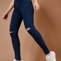 DOLCE CRUDO Women Navy Blue Mid Rise Skinny Fit High-Rise Slash Knee Stretchable Jeans-image-89