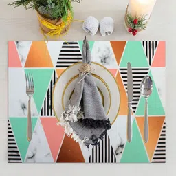 LUXEHOME INTERNATIONAL Set Of 5 Peach & Blue Geometric Printed Table Placemat & Runner Set-36