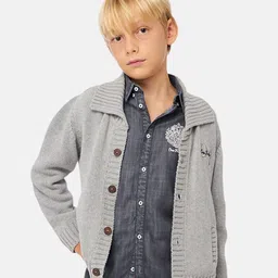 One Friday Boys Cable Knit Self Design Lapel Collar Ribbed Pure Cotton Front-Open Sweater-40