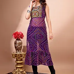 KALINI Bandhani Printed Round Neck Thread Work Georgette Straight Kurta-picture-27