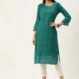 all about you Green Geometric Embroidered Thread Work Georgette Straight Kurta-picture-2