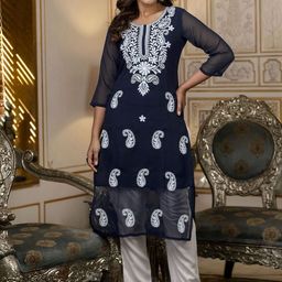 KALINI Ethnic Motifs Embroidered Thread Work Straight Kurtas-image-47
