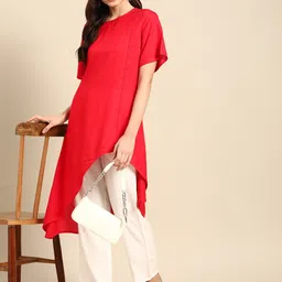 Sangria Women Solid Lace Inserts Asymmetric Flared Hem A-Line Kurta-picture-30