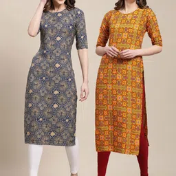 KALINI Women Pack Of 2 Navy Blue & Mustard Yellow Printed Straight Crepe Kurta-picture-1