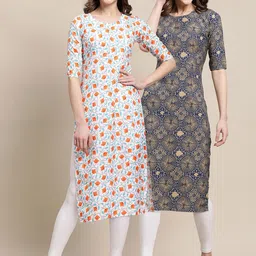 KALINI Women Pack Of 2 White & Blue Floral Printed Summer Sheers Crepe Kurta-image-99