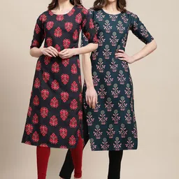 KALINI Women Teal & Black Floral Printed Crepe Kurta-image-50