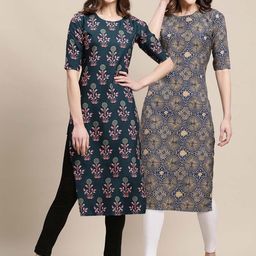 KALINI Women's Crepe Teal & Blue Color Floral Printed Straight Kurta (PACK OF 2)-picture-23