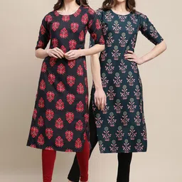 KALINI Women Pack Of 2 Black & Green Ethnic Motifs Printed Summer Sheers Crepe Kurta-picture-12