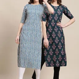 KALINI PACK OF 2 Women Blue & Green Ethnic Motif Printed Summer Sheers Crepe Kurta-picture-29