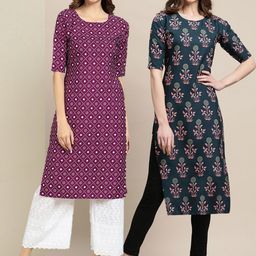 KALINI Women's Crepe Purple & Teal Color Ethnic Motifs Printed Straight Kurta (PACK OF 2)-picture-19