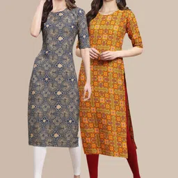 KALINI Women Pack Of 2 Blue & Mustard Yellow Printed Block Print Crepe Kurtas-18