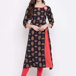Vbuyz Women Navy Blue & Yellow Umbrella Printed A-Line Kurta-image-12