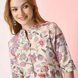 Sangria Off White Floral Printed Mandarin Collar Cotton A-Line Kurta-image-25