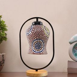 Devansh White & Blue Glass Wooden & Iron Table Lamp-18
