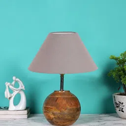 Devansh Grey & Brown Wooden Table Lamp With Cotton Shade-20