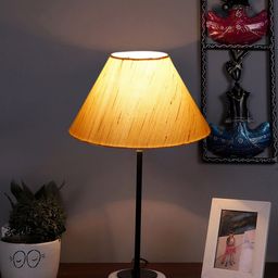 Devansh White & Black Textured Cotton Table Lamp With Wooden Base-48