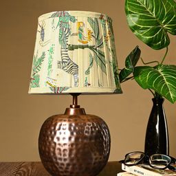 green girgit Green & Copper Toned Floral Printed Pleated Frustum Shape Table Lamp-picture-29
