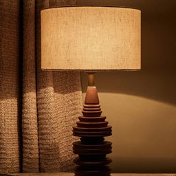 Fabindia Brown & White Textured Wooden Table Lamp-image-4